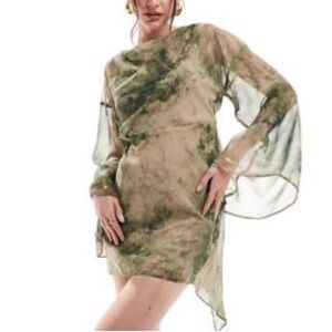 Long sleeve cowl slash neck mini dress with asymmetric hem